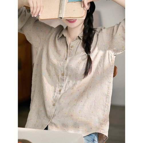 谷家 亚麻棉彩点提花长袖衬衫 原创文艺翻领波点轻薄气质上衣女