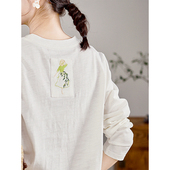 T恤女 谷家 原创刺绣100%竹节棉圆领长袖 清新文艺白色打底上衣新