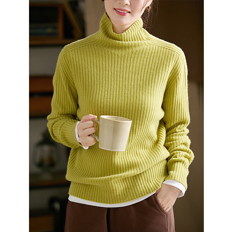 谷家 100%绵羊毛坑条显瘦高领羊毛打底衫 2025冬季套头针织毛衣女