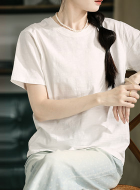 谷家 100%竹节棉文艺宽松短袖T恤女 柔软舒适棉麻风格新款上衣夏