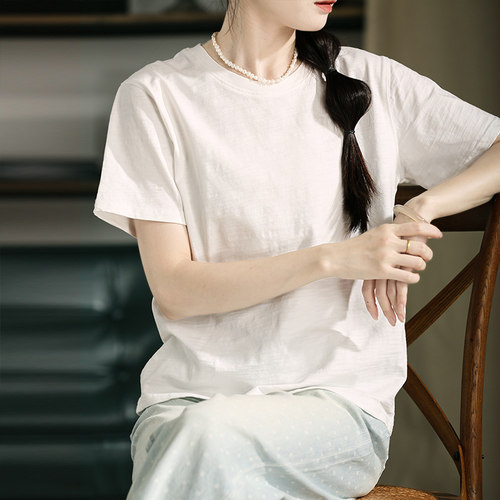 谷家 100%竹节棉文艺宽松短袖T恤女 柔软舒适棉麻风格新款上衣夏