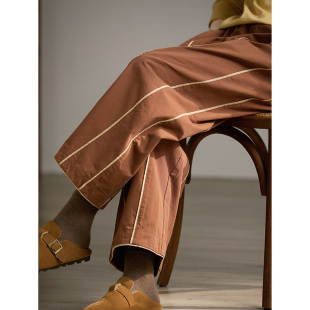 直筒裤 文艺竖条纹宽松显瘦工装 水洗全棉设计感拼色休闲长裤 谷家