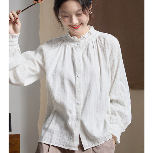 谷家 法式花边领全棉提花长袖衬衫 2026春显瘦叠穿打底白色上衣女