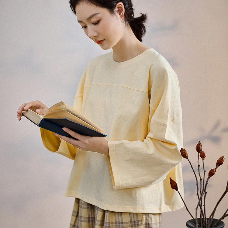 谷家 纯棉圆领插肩休闲上衣 日系宽松设计感短款T恤 2025秋装新款