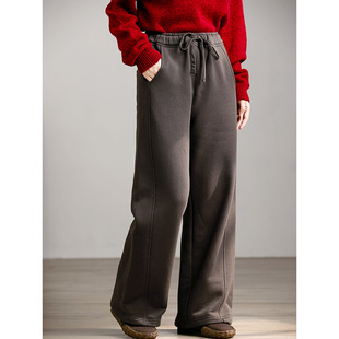 谷家 100%棉加绒保暖慵懒休闲卫裤 冬季柔软厚实弯刀直筒阔腿裤子