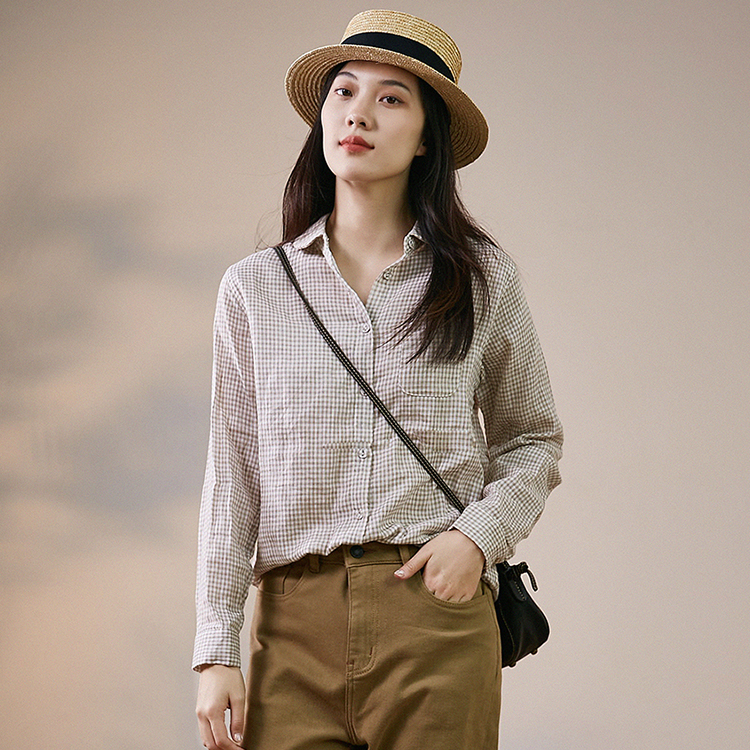 谷家 文艺休闲双层棉纱小格子衬衫 春秋新款宽松长袖打底上衣女