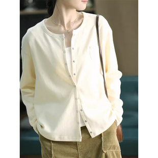 谷家 柔软棉纯色圆领开衫 约简气质宽松排扣短款小外套 2026新款