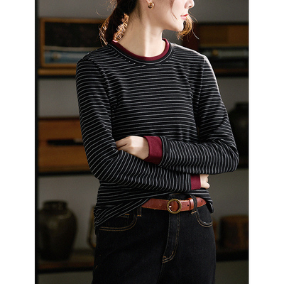 谷家 撞色条纹修身显瘦小圆领T恤 软糯舒适加绒保暖德绒打底衫女