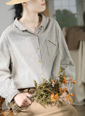 谷家 彼得潘领复古棉麻长袖衬衫女 原创文艺2026春季新款条纹上衣