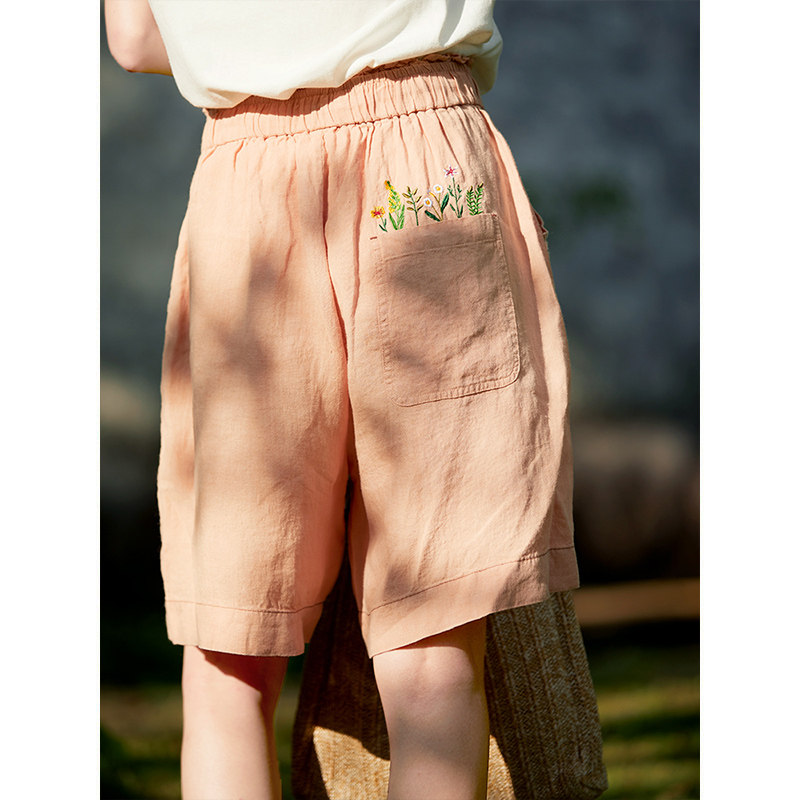 谷家 100%砂洗亚麻文艺刺绣短裤 原创松紧腰中裤宽松阔腿五分裤子,女装/女士精品,休闲裤,淘宝优惠券,粉丝福利购,淘宝优惠卷