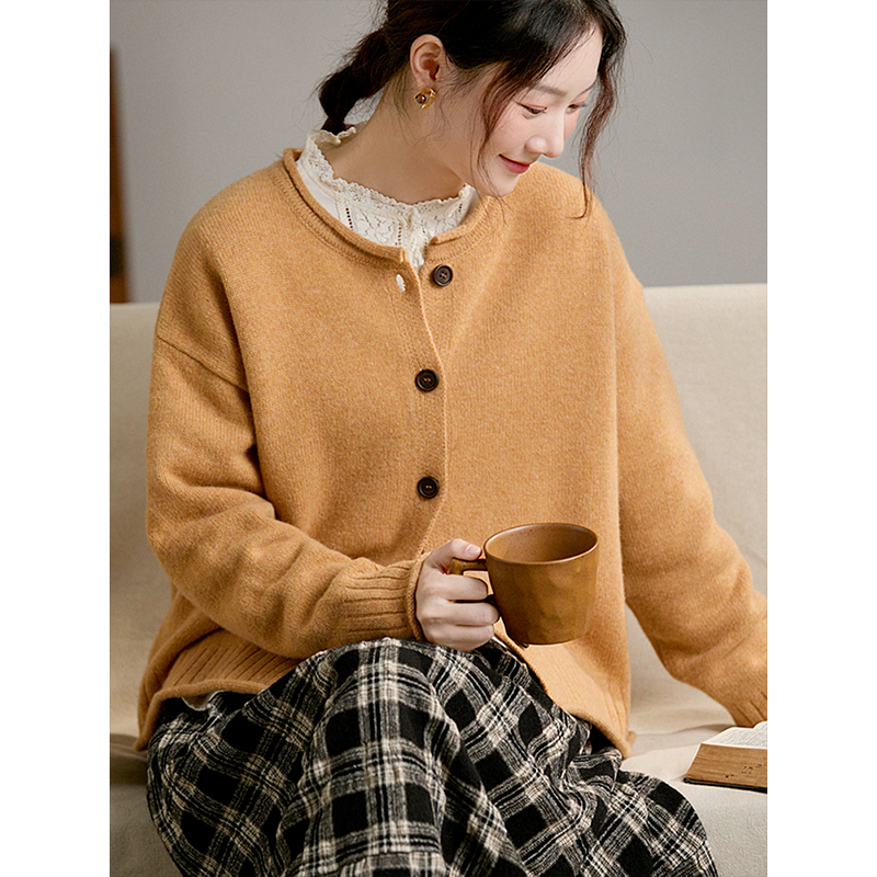谷家 100%绵羊毛文艺气质保暖针织开衫 秋冬圆领厚毛衣短外套女