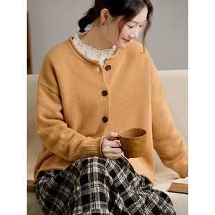 谷家 100%绵羊毛文艺气质保暖针织开衫 秋冬圆领厚毛衣短外套女