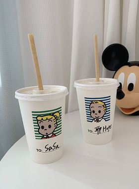INS可爱卡通好朋友大容量分享可乐杯加厚纸杯可写字豆浆早餐杯