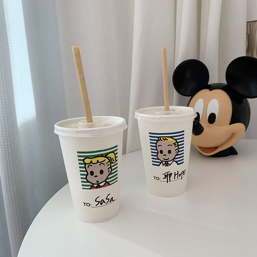 INS可爱卡通好朋友大容量分享可乐杯加厚纸杯可写字豆浆早餐杯