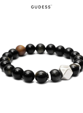 GUDESS原创纯银黑曜金曜石穿珠手链情侣百搭轻奢小众男士沉香手串