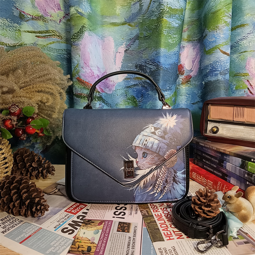 高货柜价2158真皮牛皮手绘可爱猫咪手提斜挎校园风女生信封女包包