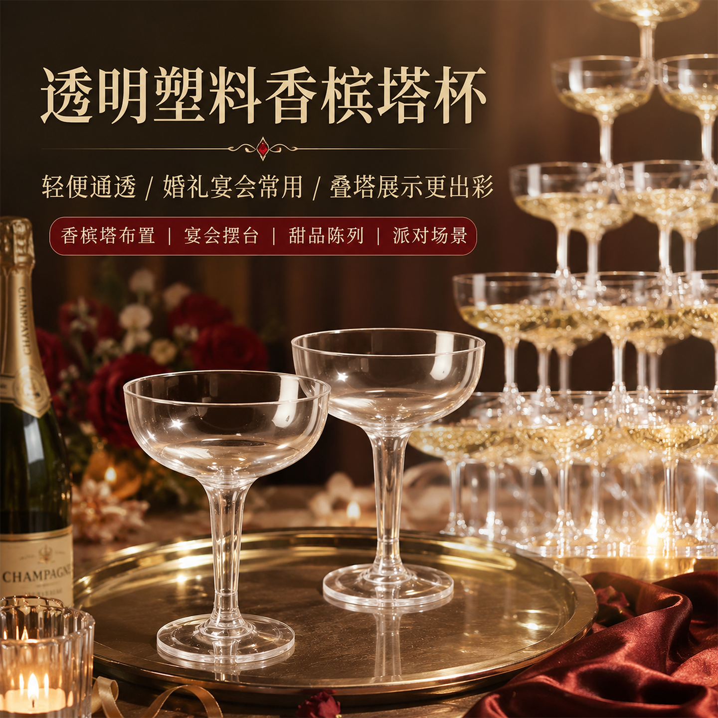 亚克力香槟杯塑料高脚杯庆典开业酒吧一次性酒杯婚庆礼香槟塔杯子