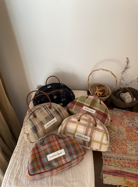 OneBlueNook丨23# 秋冬款 复古羊毛可爱半圆型牛皮绳 手拎收纳包