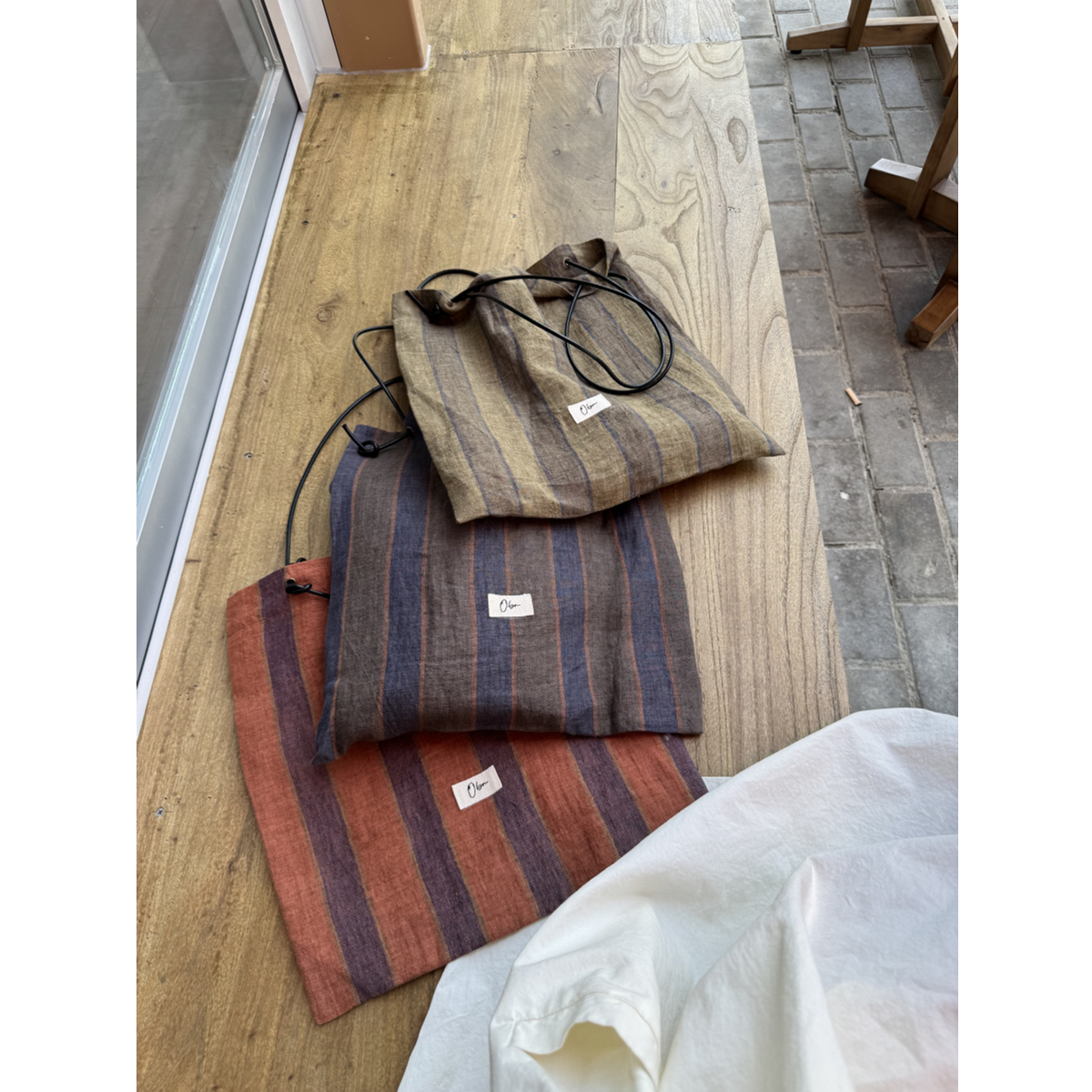 OneBlue条纹日系复古亚麻布袋