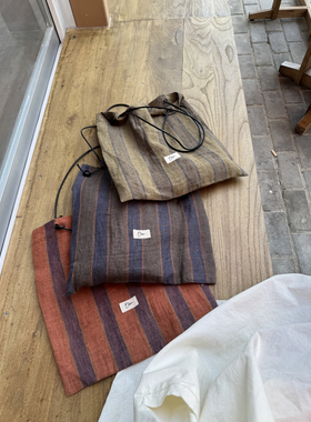 OneBlueNook丨日系百搭 复古 亚麻条纹 牛皮绳单肩布袋