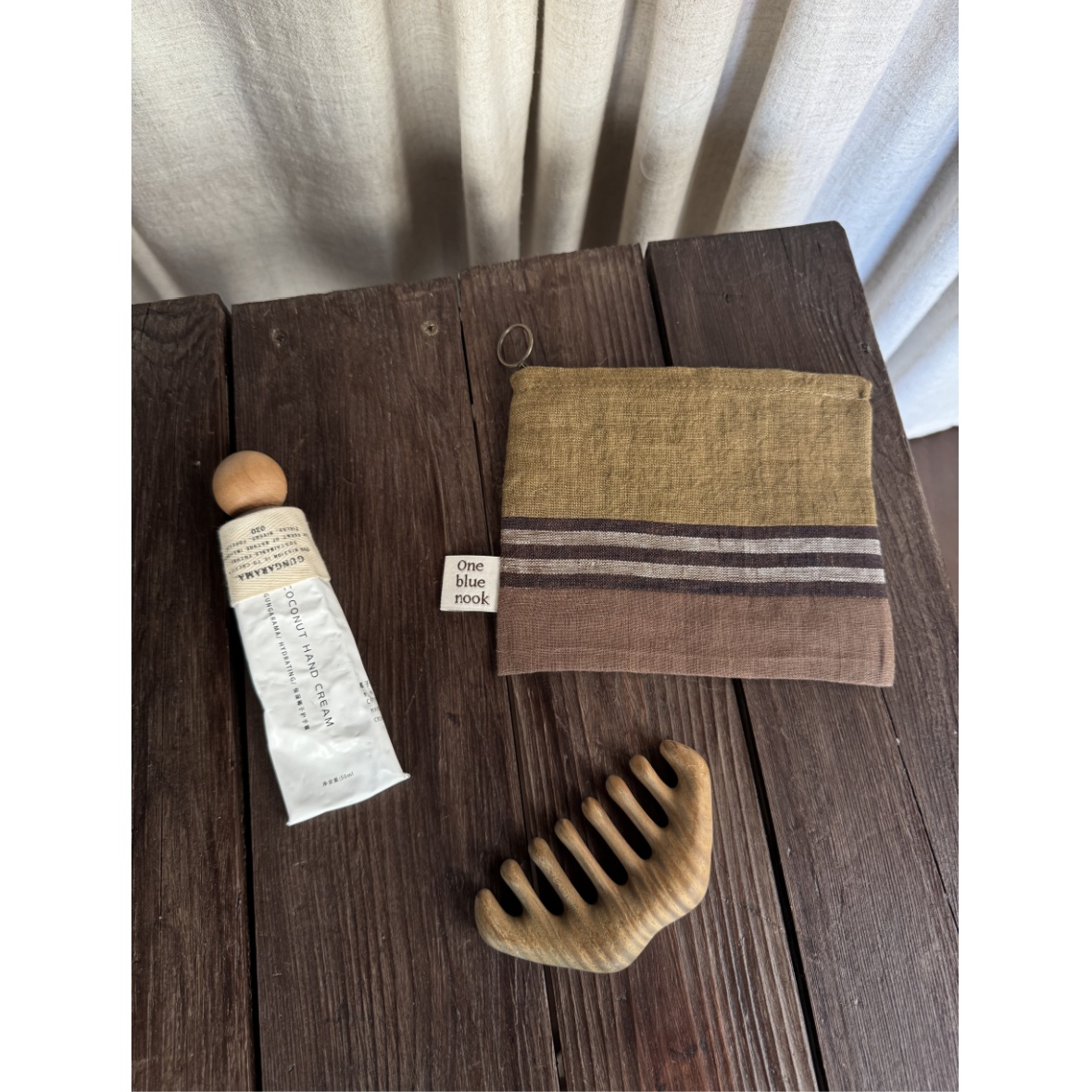 oneblue nook 丨木质感亚麻拼接收纳袋