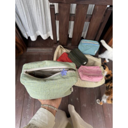 OneBlueNook丨小号丨亚麻高饱和度 复古格子化妆品收纳包