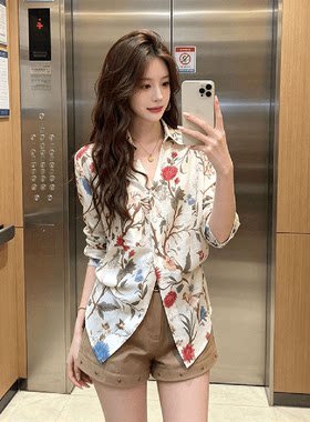 植物花卉印花衬衫棕色短裤套装女2026夏季新款韩系chic绝美一整套