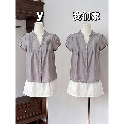 韩系木耳边系带纽扣短袖衬衫女夏季宽松休闲衬衣百搭chic薄款上衣