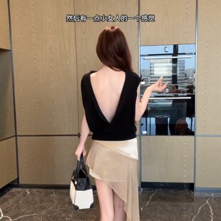 法式名媛风修身性感露背上衣不规则半身裙短裙女夏套装气质两件套