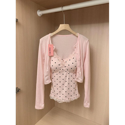 辣妹套装法式纯欲风女粉色针织开衫波点蕾丝花边小吊带背心两件套