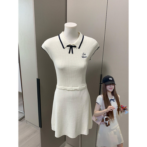学院风polo领蝴蝶结针织连衣裙女夏季新款杏色气质收腰显瘦A字裙