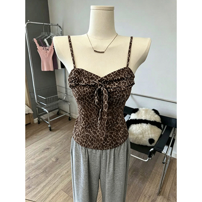 豹纹设计吊带美式古早辣妹风咖色夏季背心女修身显瘦短款无袖上衣