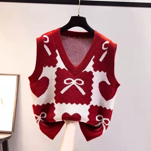 女童马甲针织背心春款v领红色宝宝马夹中大童