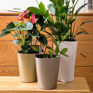 免浇水家用桌面懒人花盆自吸水仿金属树脂加厚小花盆双层带水位器