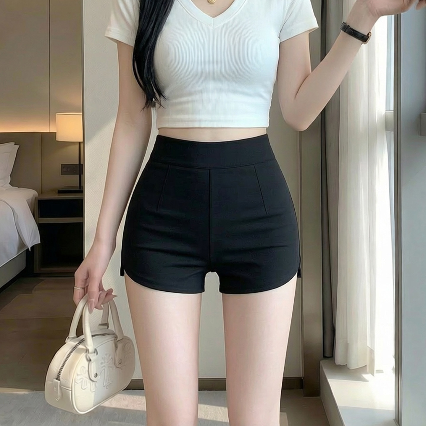 黑色高腰短裤女夏2026新款韩版外穿热裤紧身弹力辣妹包臀三分裤白