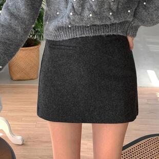 灰色毛呢半身裙女秋冬2025韩版 假口袋高腰紧身包臀短裙呢子一步裙