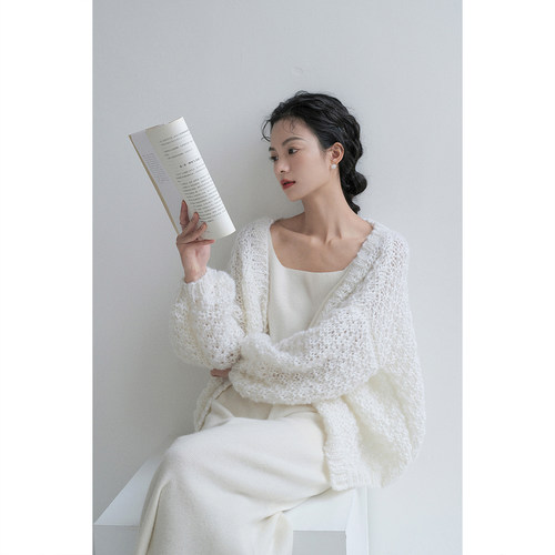 原隐复古马海毛单排扣v领开衫