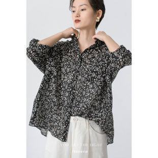 原隐YuanYin秋季法式ins复古黑白短款上衣音符衬衫百搭休闲衬衣女