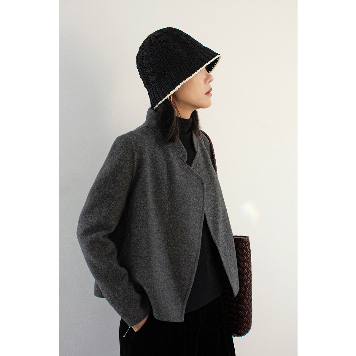 原隐羊毛毛呢短款简约立领外套