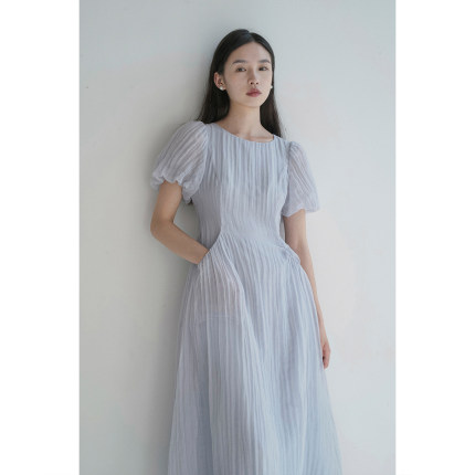 原隐YuanYin冷淡系ins法式优雅设计师梦幻蓝小众泡泡袖绝美连衣裙