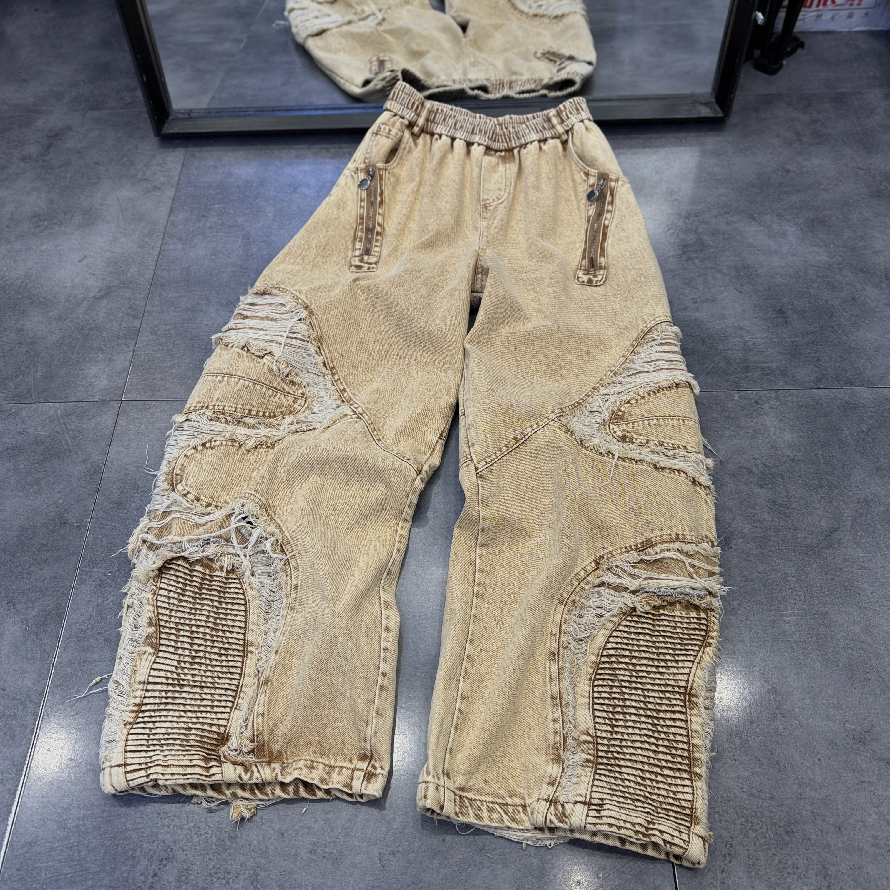美式复古水洗做旧破洞牛仔裤男女宽松直筒阔腿裤潮个性毛边长裤子