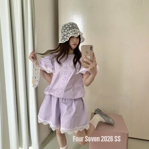 FOUR SEVEN 2026SS 花边拼接飞飞袖收腰上衣+松紧腰短裤套装