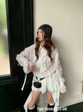 FOUR SEVEN 2026AW 重工韩版不规则木耳花边拼接修身显瘦连衣裙