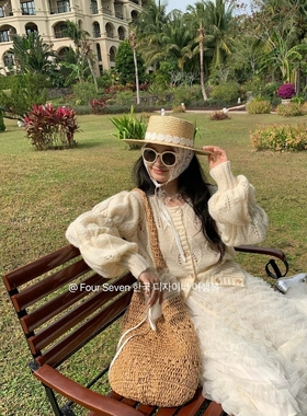 特价 FOUR SEVEN 2025秋 镂空树叶图案泡泡袖针织开衫