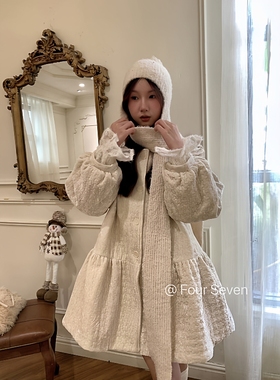 FOUR SEVEN 原创正版 韩版两面穿灯笼袖夹棉内里中长款丝绒外套