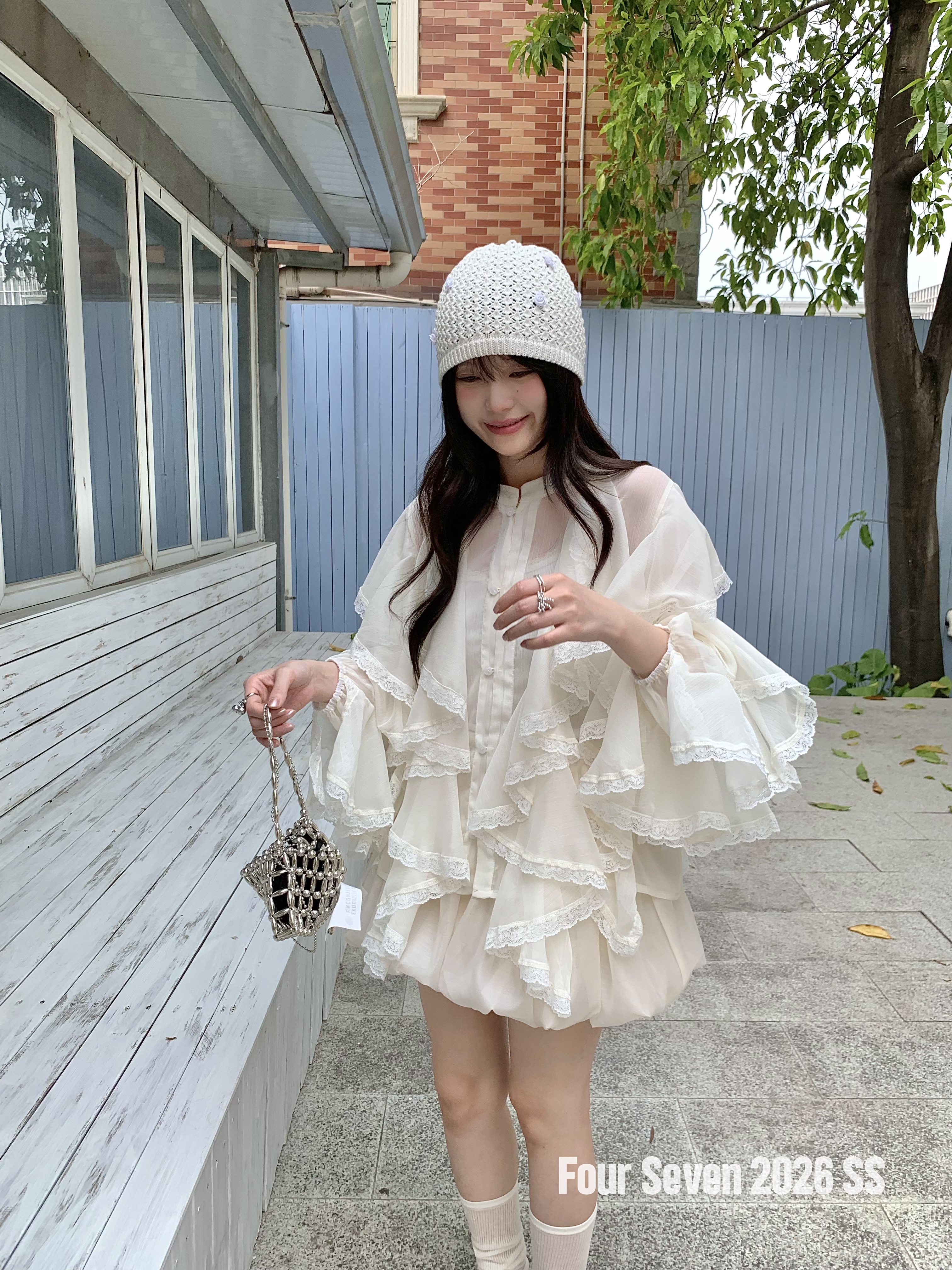 FOUR SEVEN 2026SS 法式超仙蕾丝花边拼接多层荷叶边雪纺衫减龄