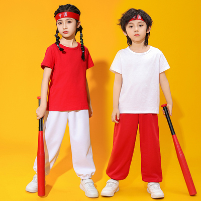 中国红儿童套装纯棉运动会演出服