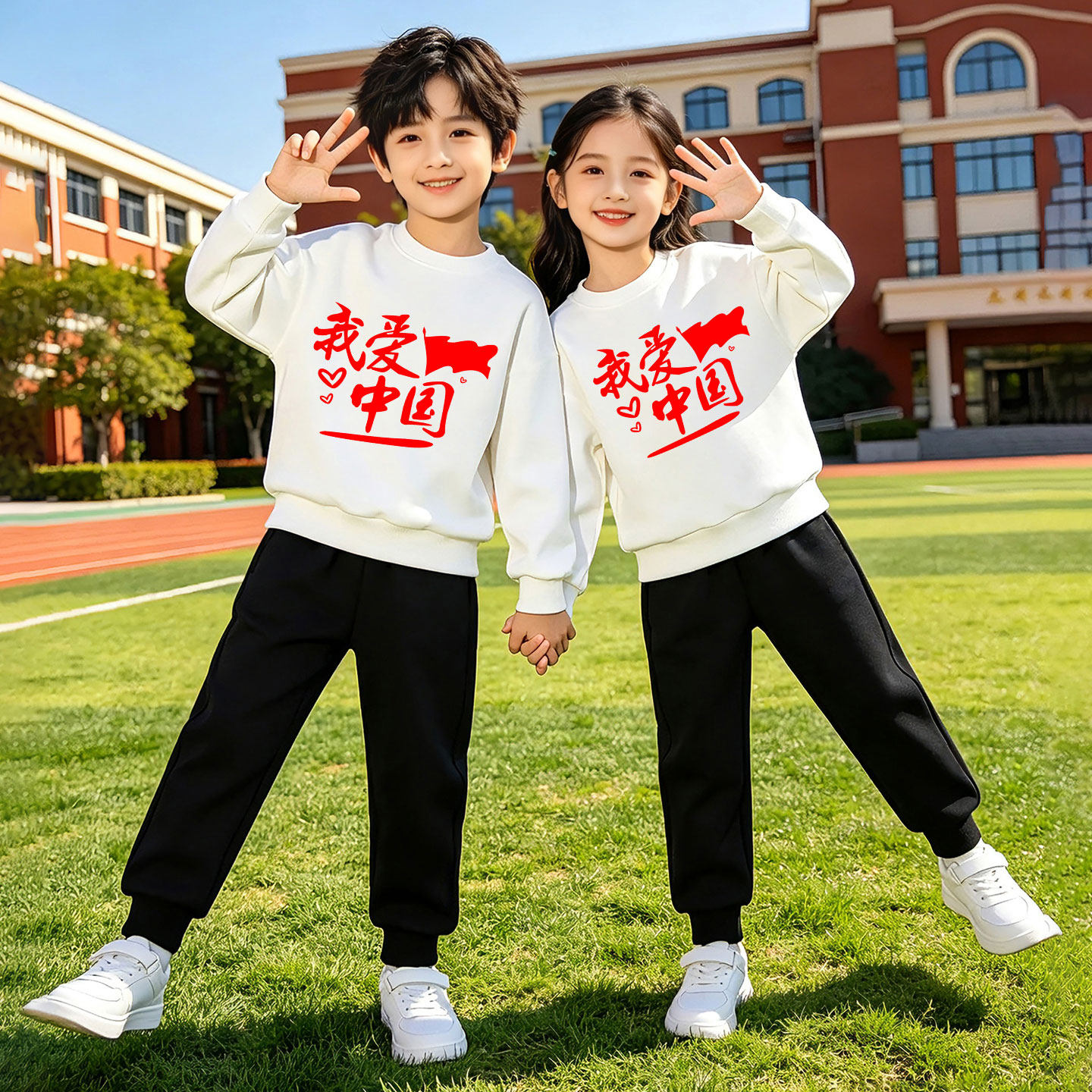 儿童白色卫衣黑色裤子套装秋冬幼儿园小学生运动会班服加绒一体绒