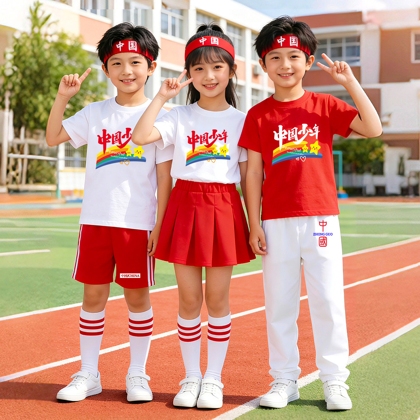 中国少年儿童红色套装幼儿园男女童小学生运动会服装啦啦队演出服