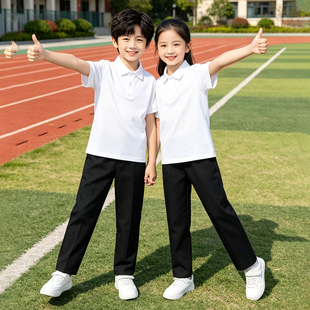 白色上衣黑色裤子裙子女童男童幼儿园中小学生POLO衫短袖儿童套装